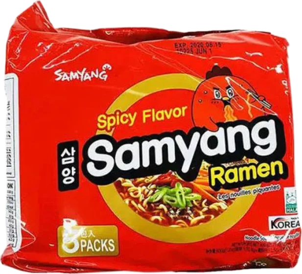 Samyang Ramen Spicy, 120 g multipack of film-wrapped noodle cakes with seasoning sachets, front of pack