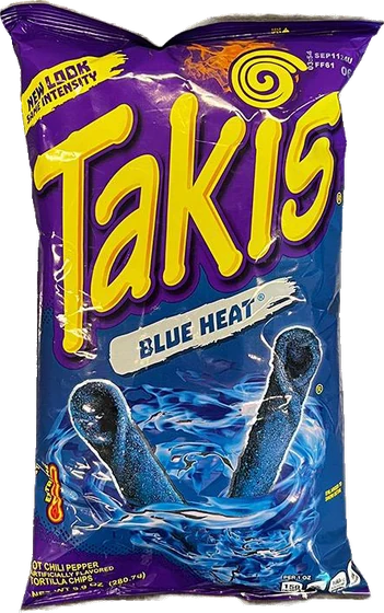 Takis Blue Heat, 280.7 g film bag, front of pack.