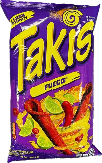 Takis Fuego, 92.3 g film bag, front of pack.