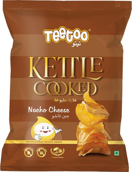 Teetoo Kettle Cooked Nacho Cheese, Film bag, front of pack.