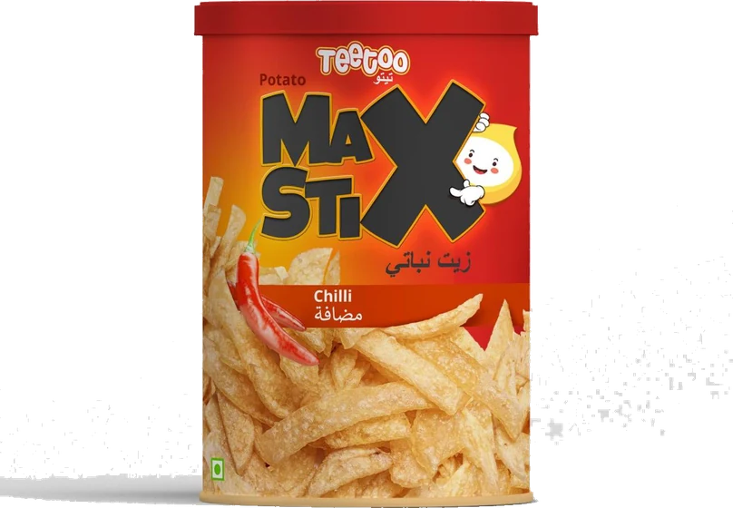 Teetoo Potato MaxStix Chilli, Composite canister, front of pack.