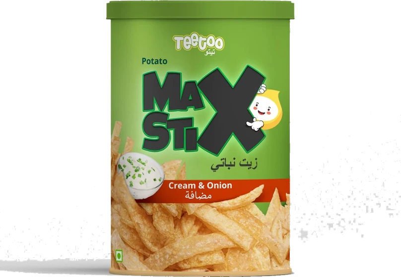 Teetoo Potato MaxStix Cream & Onion, Composite canister, front of pack.
